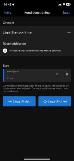 Skärmbild från Garmin Connect-app som visar steg för att skapa ett HYROX-träningspass eller evenemang på smartphone.