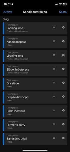 Skärmbild från Garmin Connect-app som visar detaljerade träningssteg för att skapa ett HYROX-träningspass på smartphone.