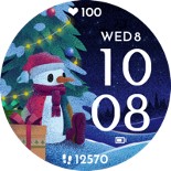 3. Rund digital urtavla med vintermotiv som föreställer en snögubbe vid en gran med julbelysning